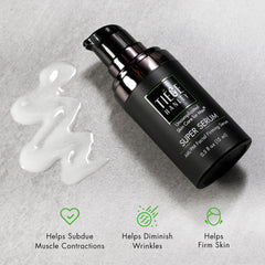 Tiege Hanley Super Serum pump close-up highlights quick-absorb formula.