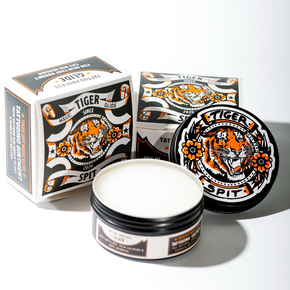 Tiger Spit Aftercare Balm line image shows healing support.