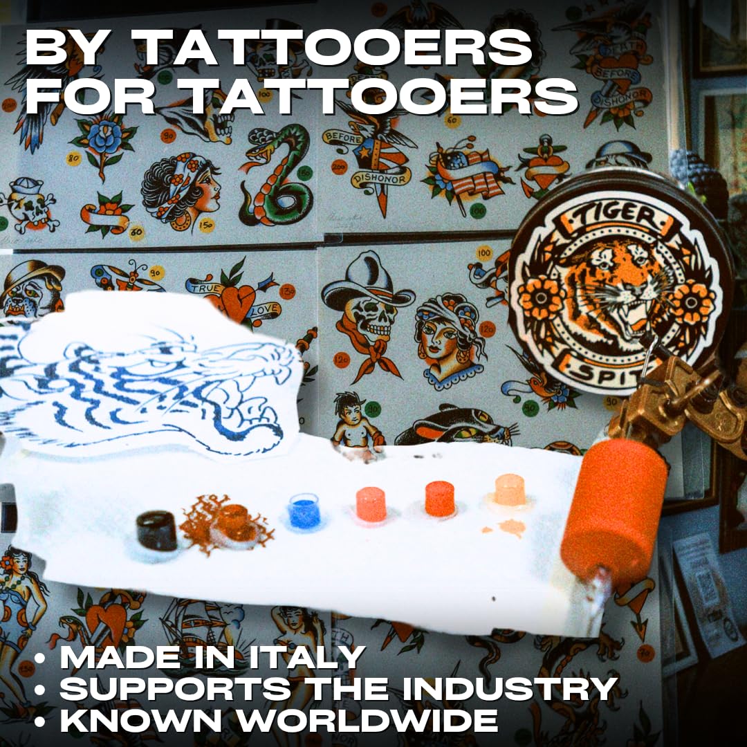 Tiger Spit Tattoo Balm at artist station supports efficient shading.