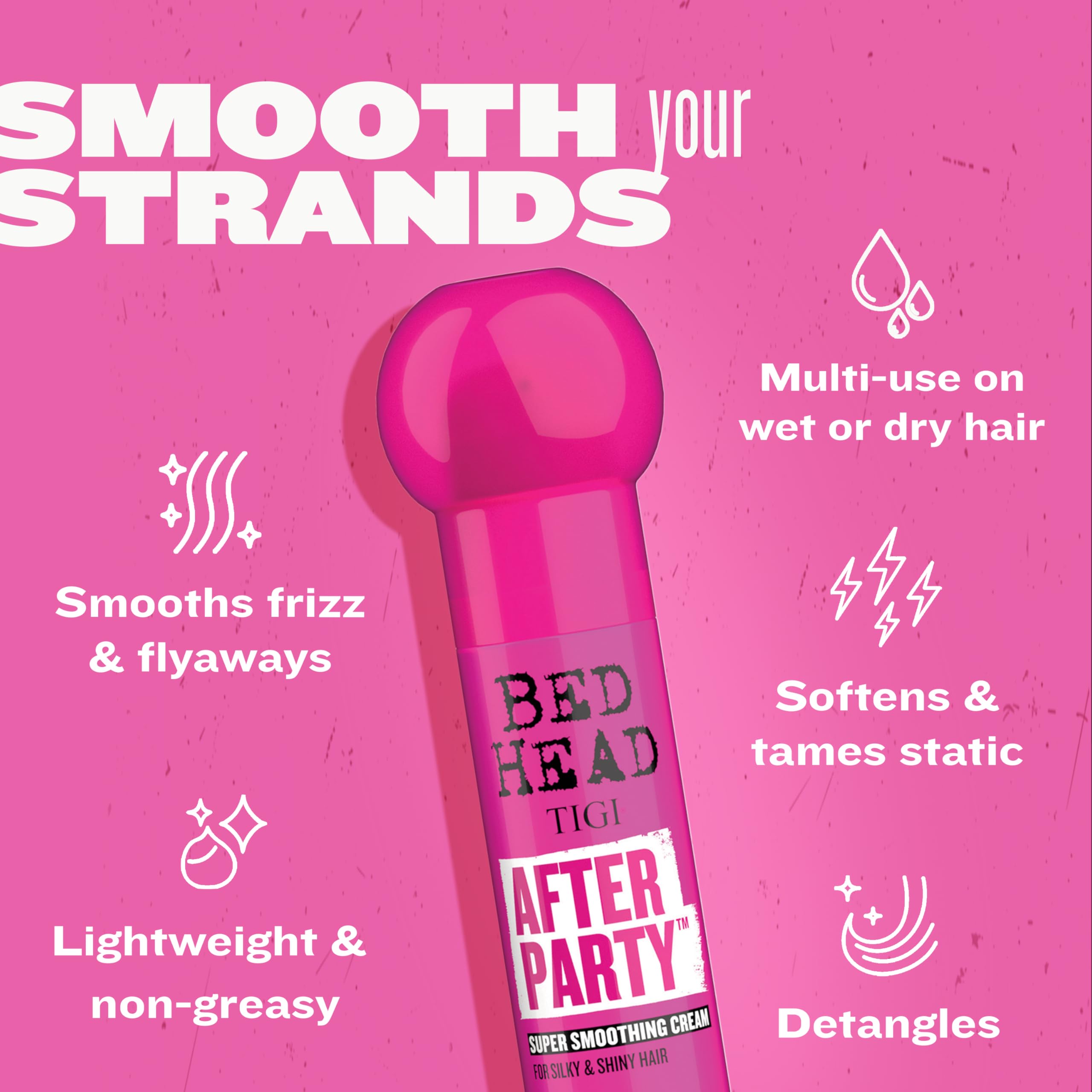 TIGI Bed Head After Party on dry hair for sleek finish.