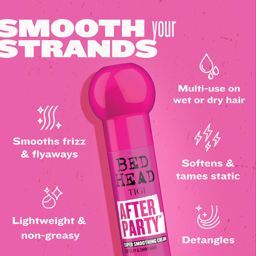 TIGI Bed Head After Party on dry hair for sleek finish.