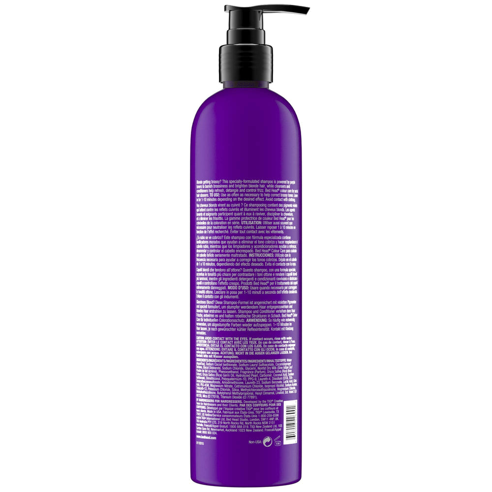 TIGI Bed Head Dumb Blonde purple-lather close-up shows conditioning and frizz control.