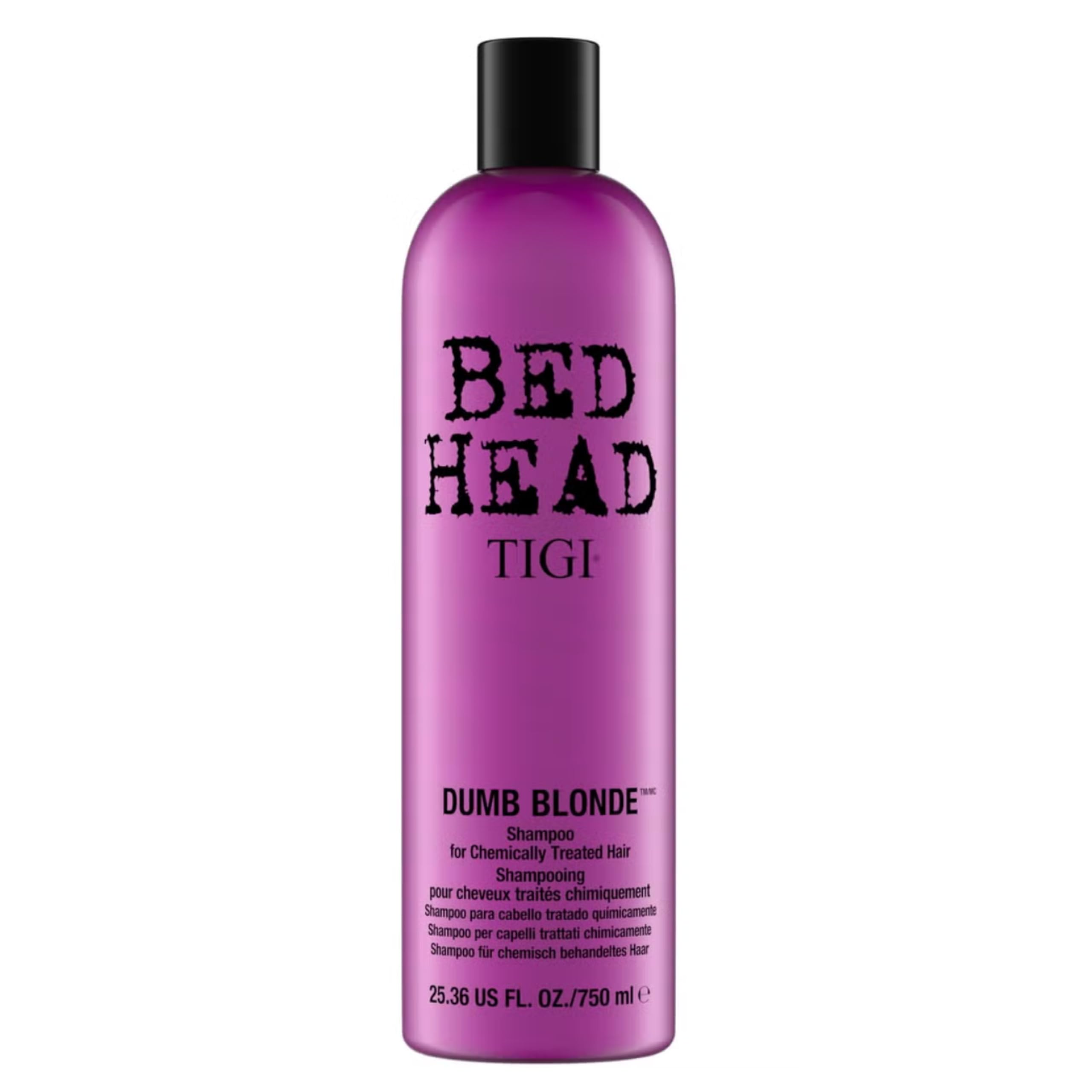 TIGI Bed Head Dumb Blonde shampoo bottle front with color protection and mega moisture.