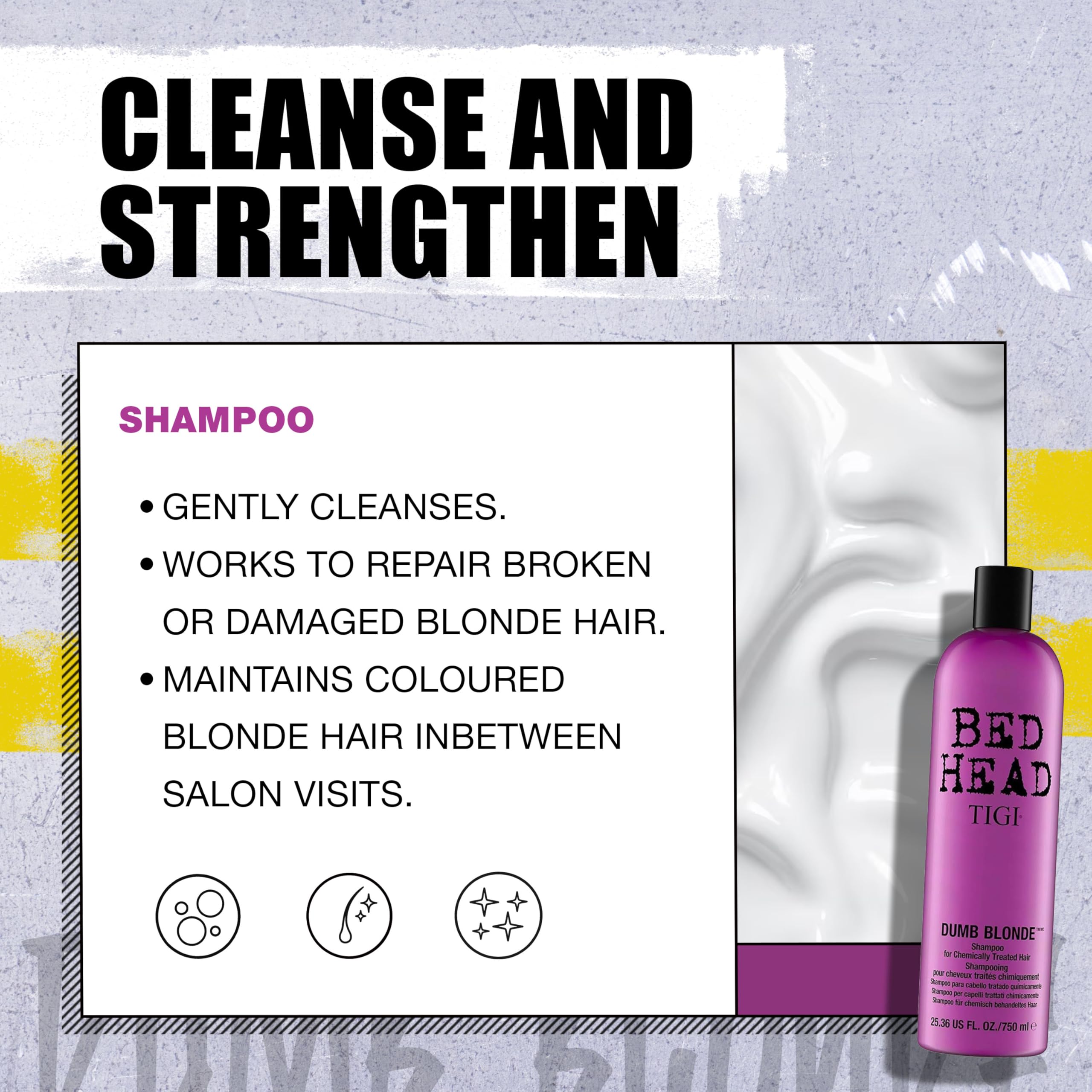 Bed Head Dumb Blonde shampoo lather close-up highlights cleansing action for blondes.