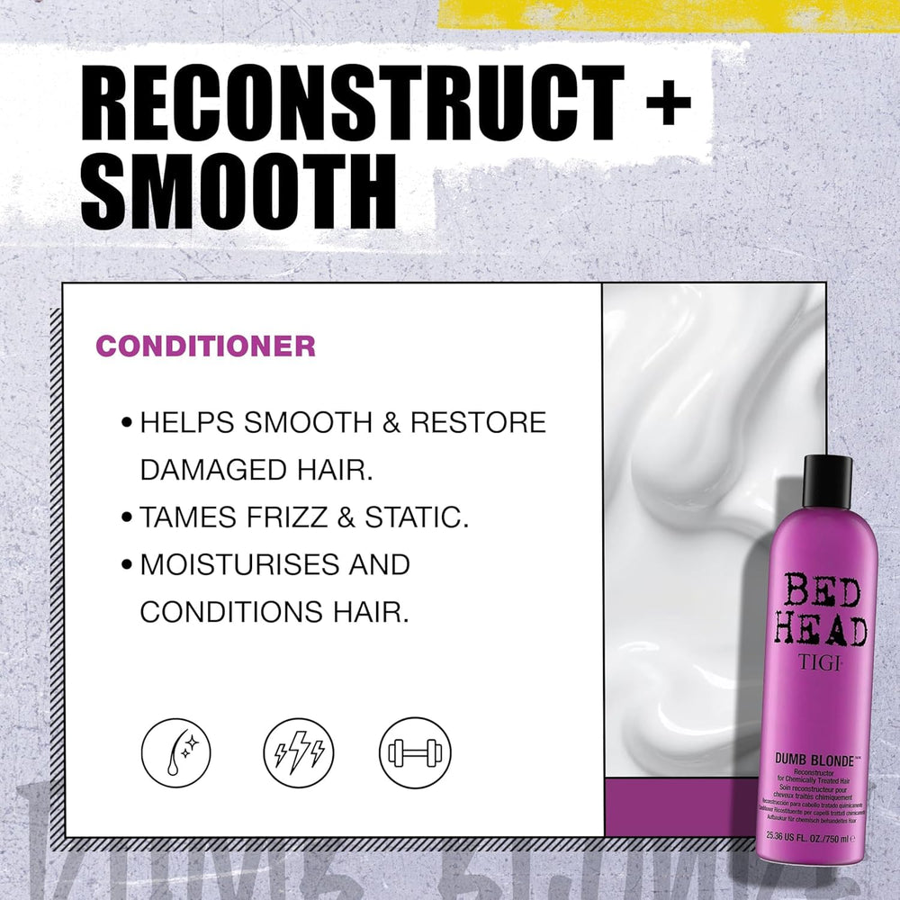 TIGI Bed Head Dumb Blonde shampoo on display emphasizing color retention.