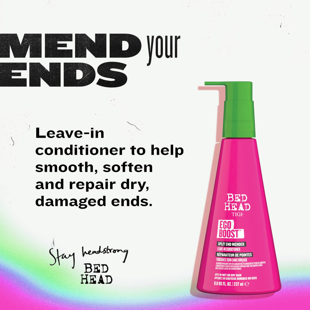 TIGI Bed Head Ego Boost Split End Mender bottle closeup highlights keratin-infused formula