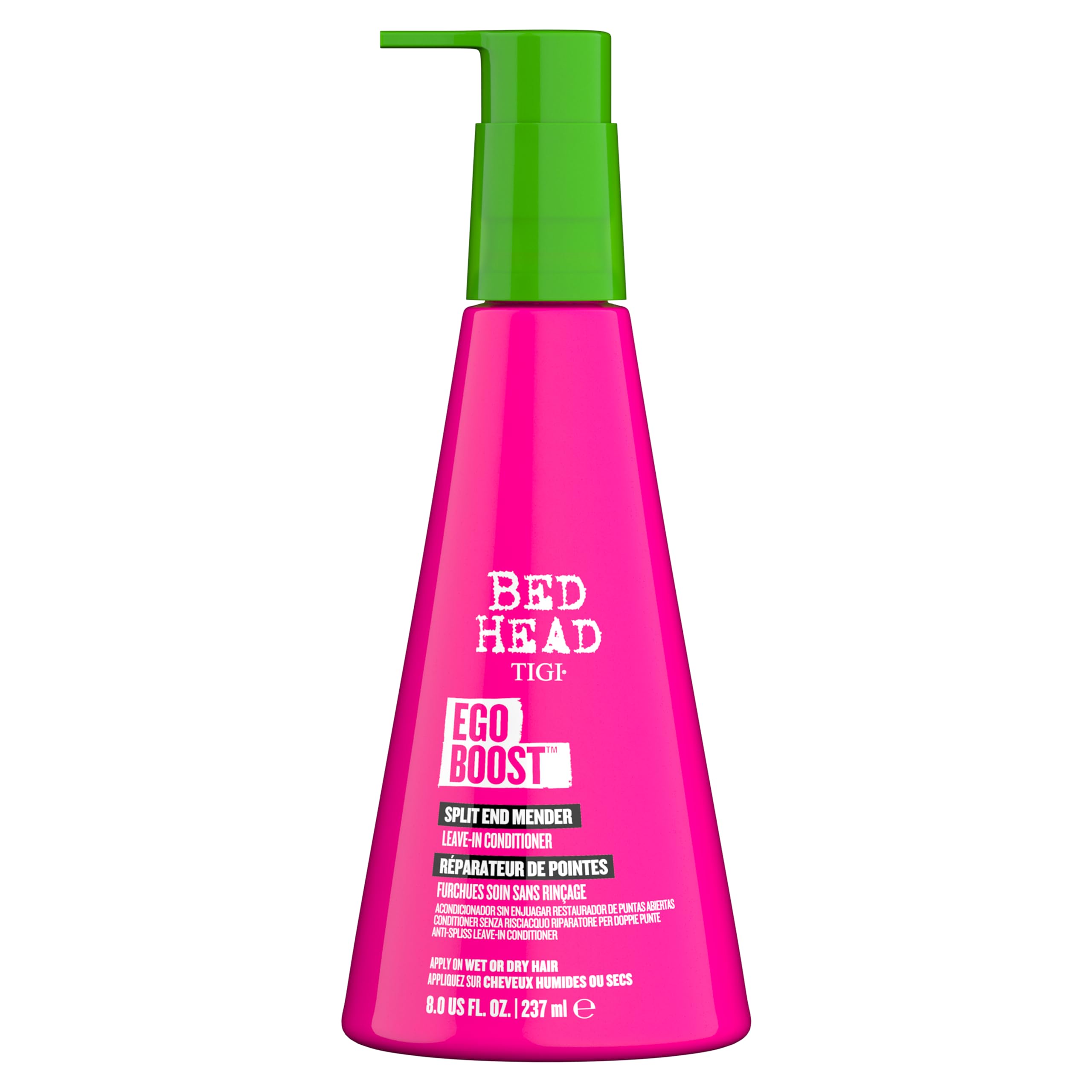 TIGI Bed Head Ego Boost Split End Mender bottle front shows easy leave-in care