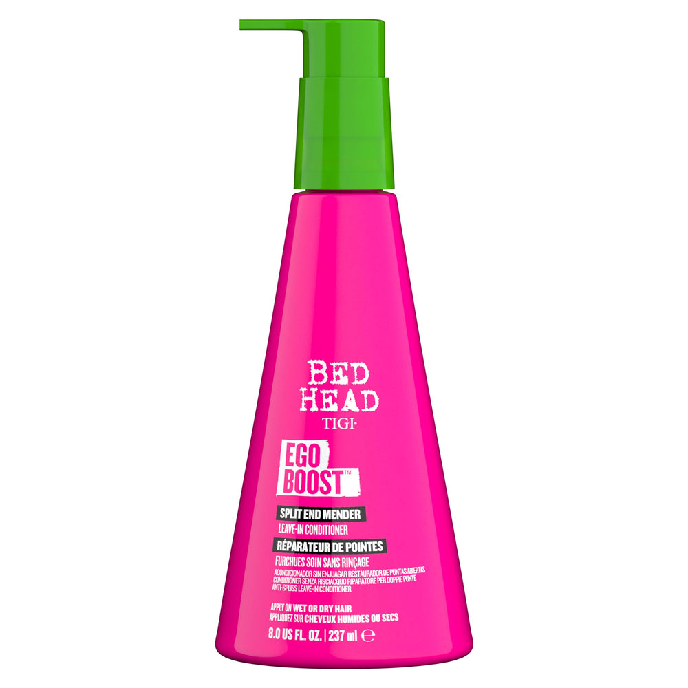 TIGI Bed Head Ego Boost Split End Mender bottle front shows easy leave-in care