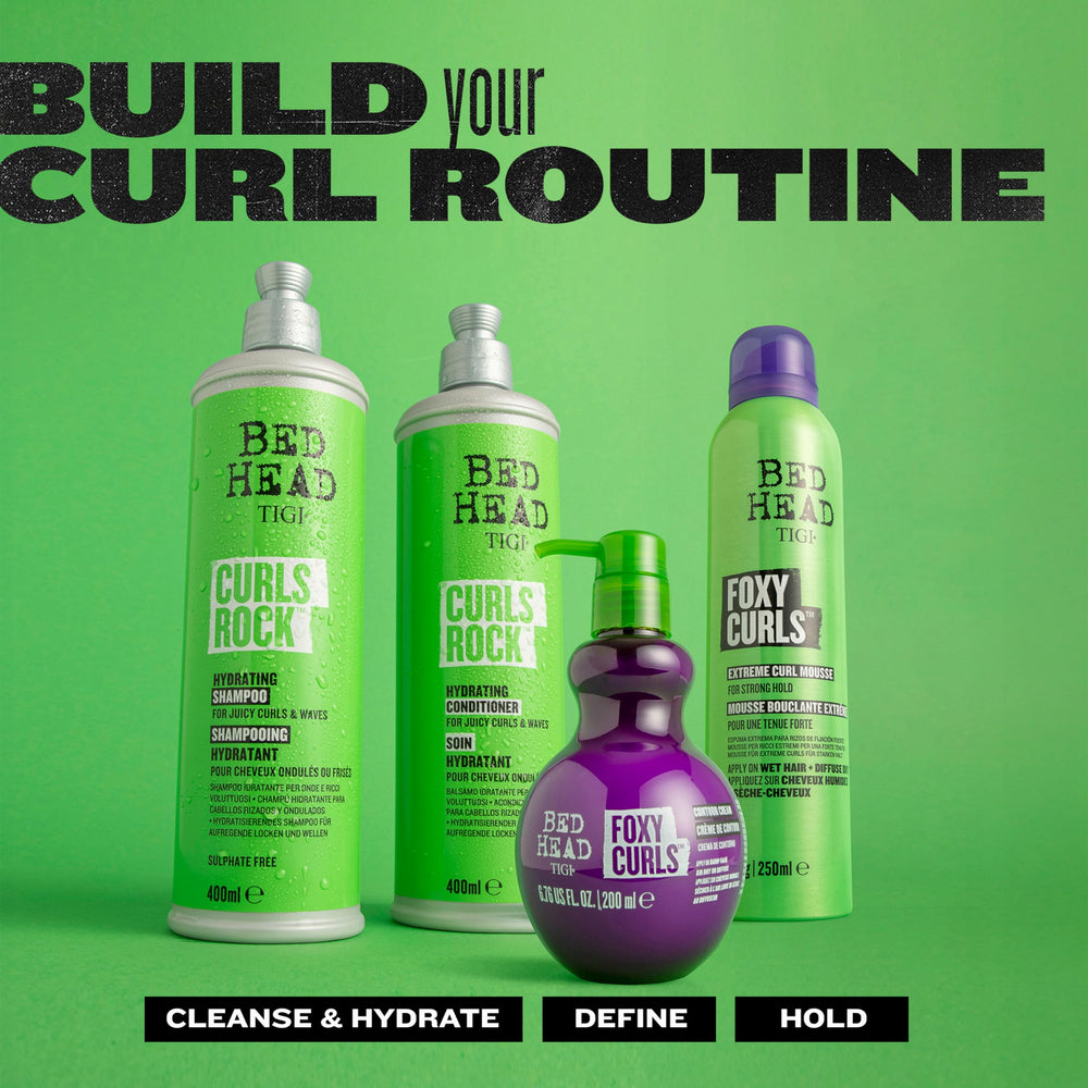 TIGI Bed Head Foxy Curls Contour Creme packaging on counter for daily routine