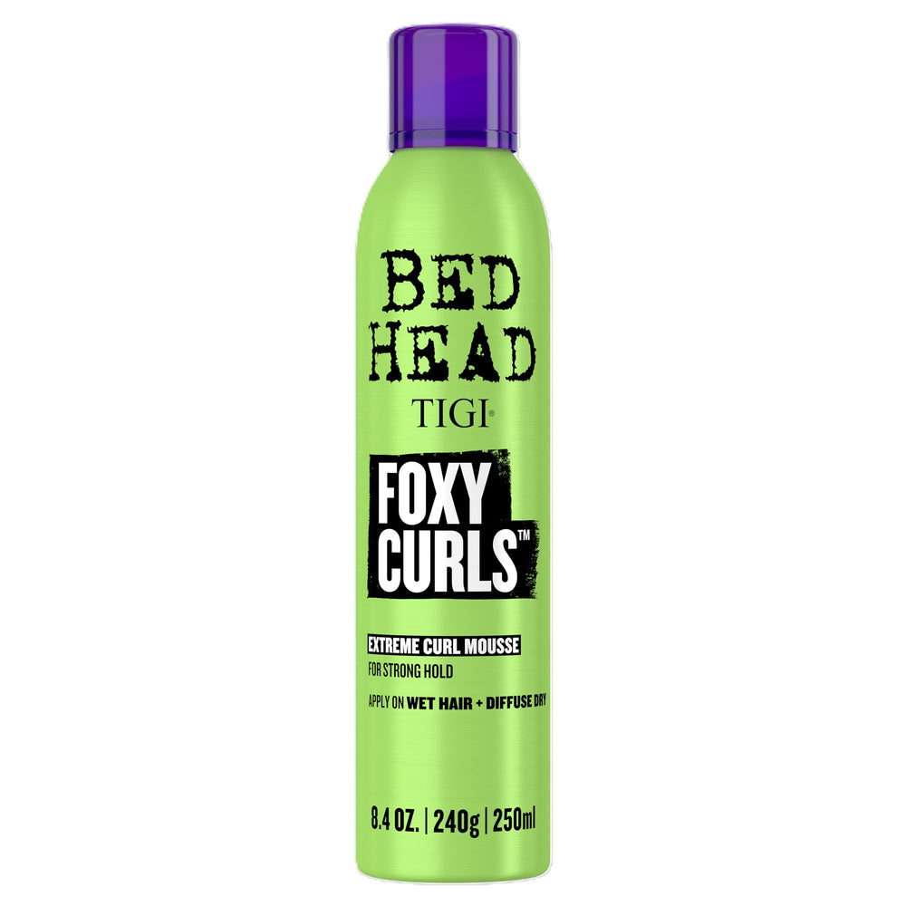 TIGI Bed Head Foxy Curls mousse bottle shows strong hold and salon-quality definition for curls.