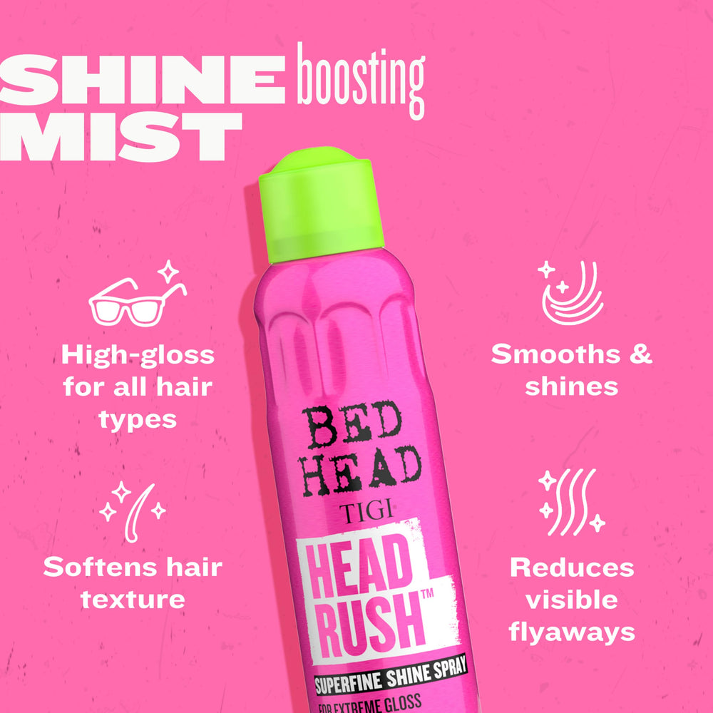 TIGI Bed Head Headrush frizz-smoothing action on smooth strands.