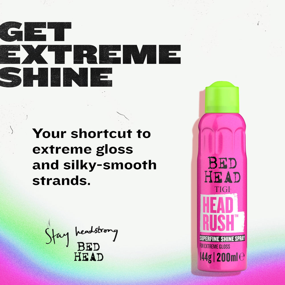 TIGI Bed Head Headrush hair-gloss closeup with radiant shine.