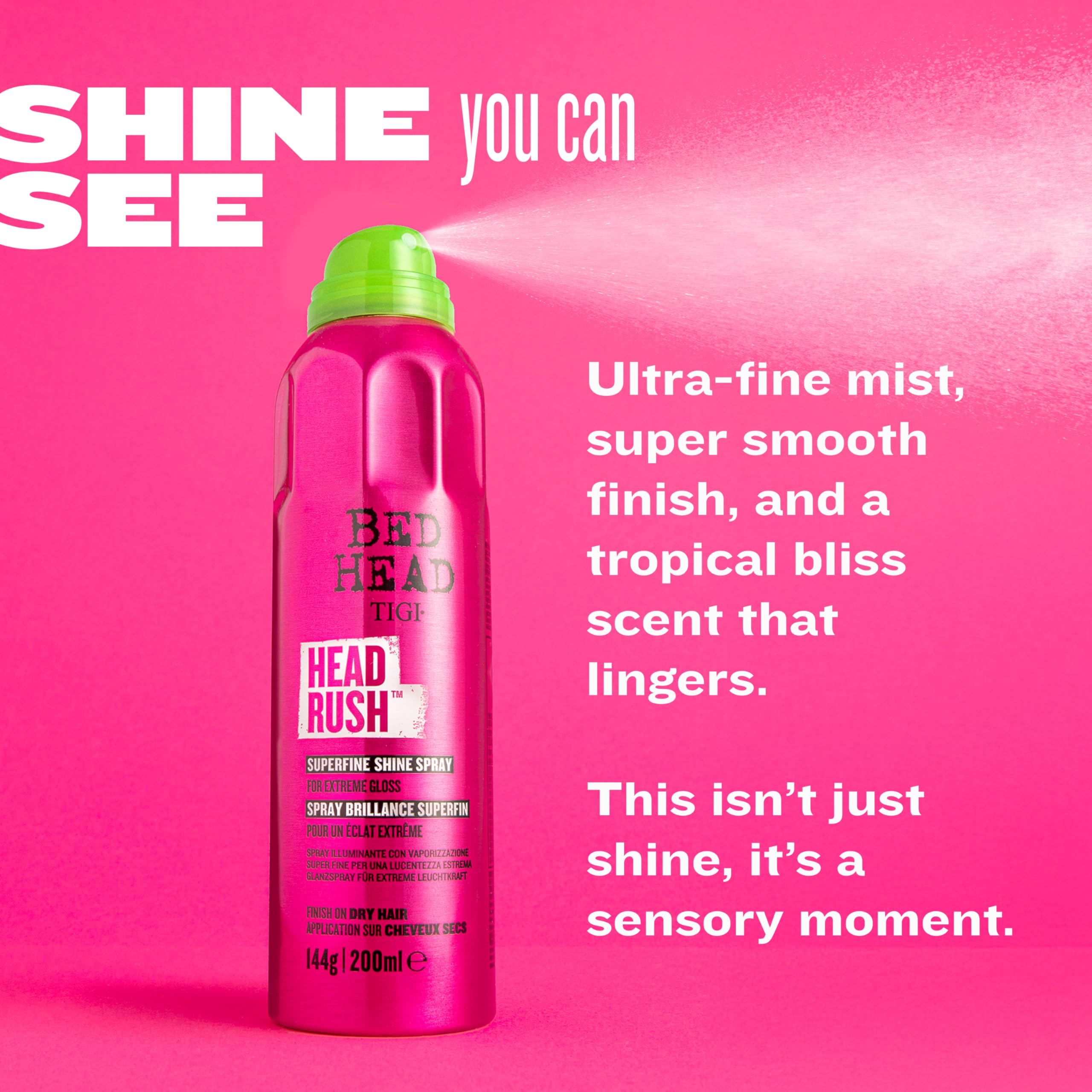 TIGI Bed Head Headrush shine-visual highlights radiant gloss.