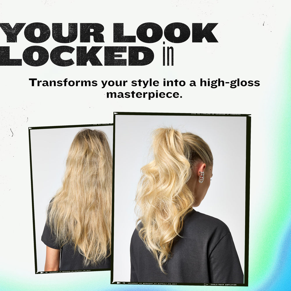 TIGI Bed Head Masterpiece frizz-free hold shown on straight to curly hair.