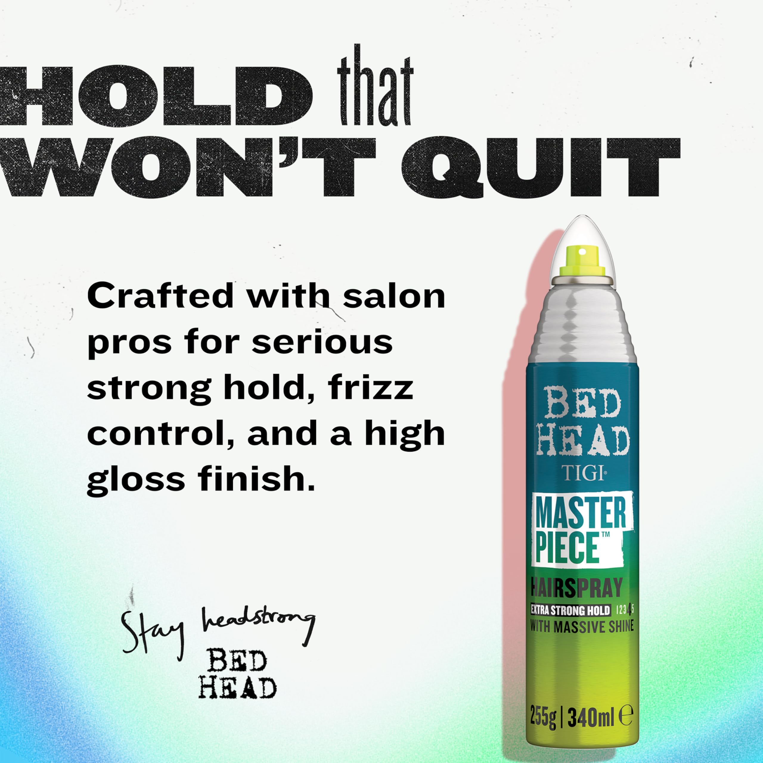TIGI Bed Head Masterpiece shiny gloss finish on styled hair after application.