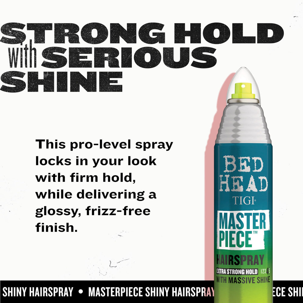 TIGI Bed Head Masterpiece spray distance 10-12 inches shown on model hair.