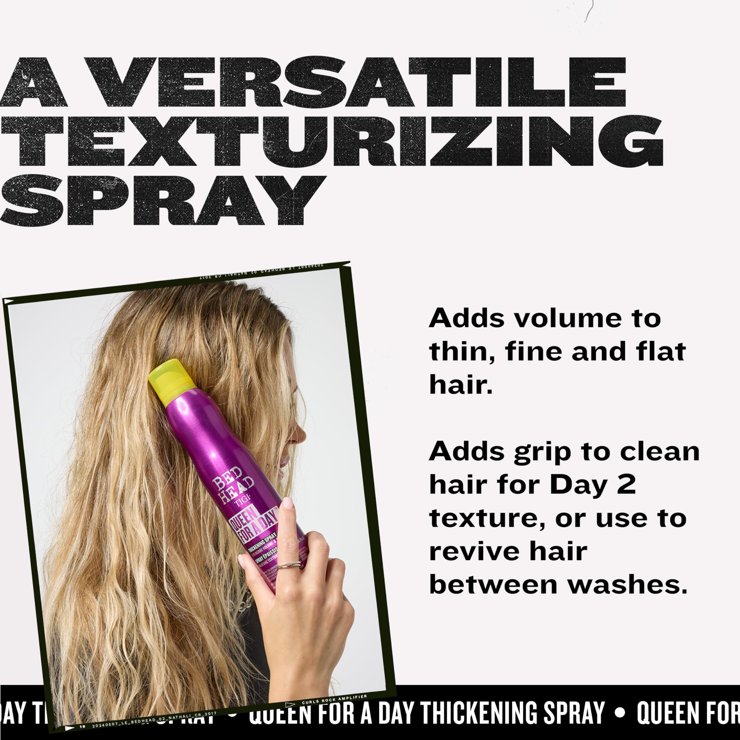 TIGI Bed Head Queen For A Day bottle closeup highlights premium styling spray