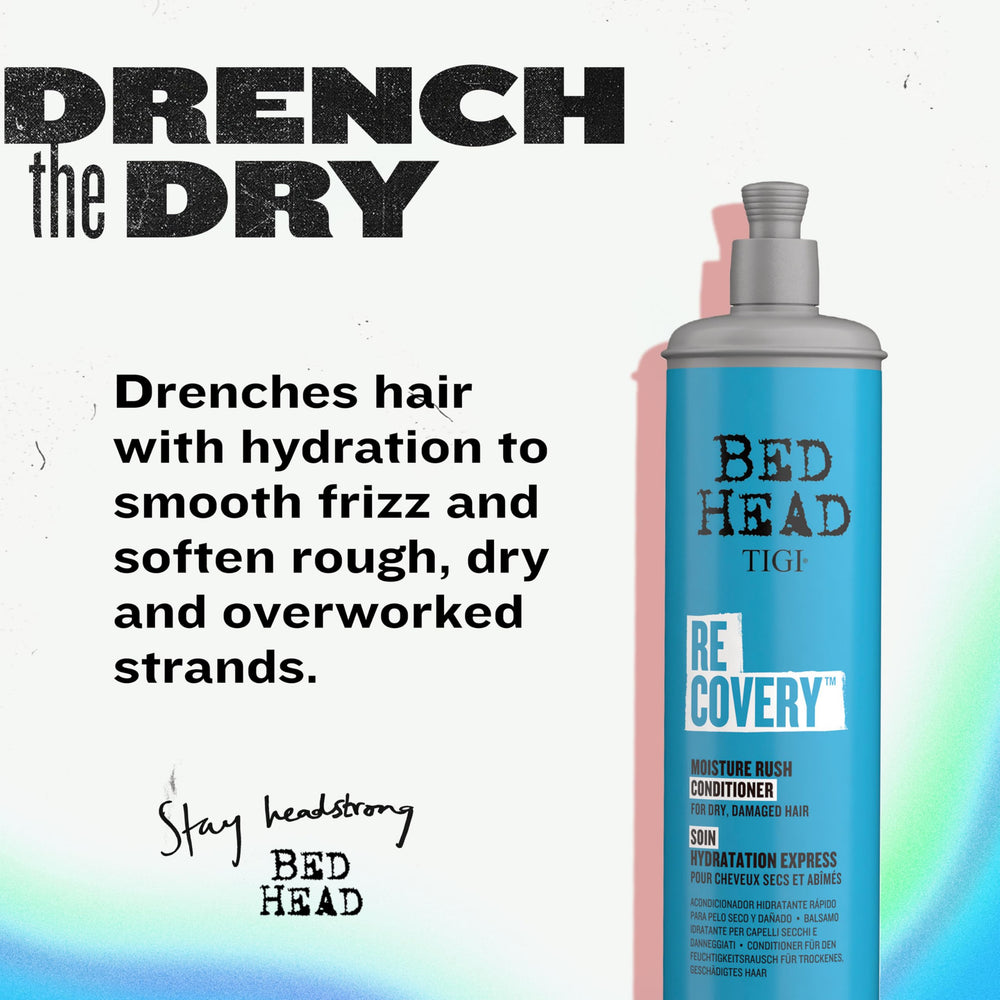 TIGI Bed Head Recovery bottle label closeup highlights professional moisturizing formula