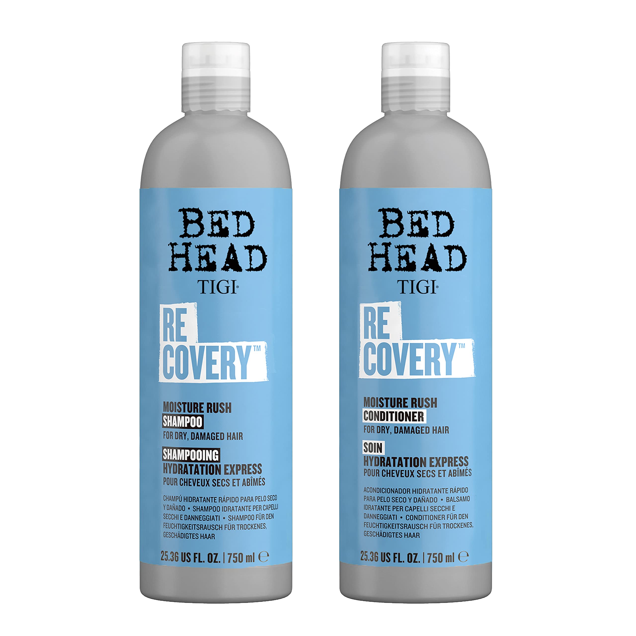 TIGI Bed Head Recovery Shampoo bottle pour targets deep hydration and repair.