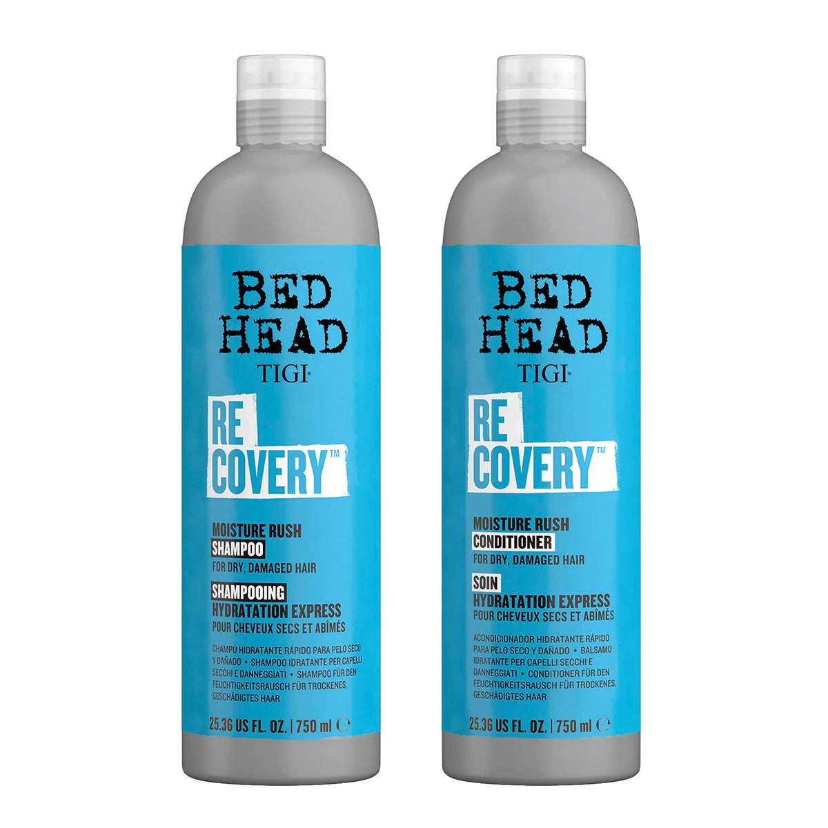 TIGI Bed Head Recovery Shampoo bottle pour targets deep hydration and repair.