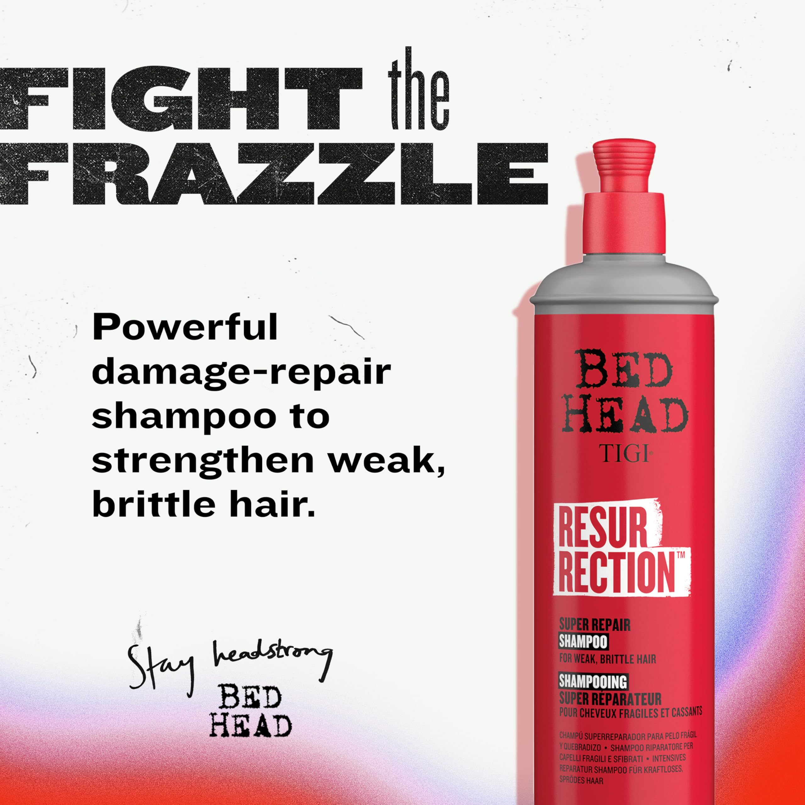 TIGI Bed Head Resurrection Shampoo in bathroom shot suggesting salon-grade repair at home.