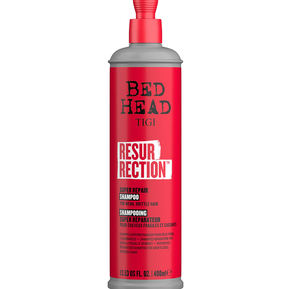 TIGI Bed Head Resurrection Shampoo bottle close-up showing repair-focused formula for damaged hair.
