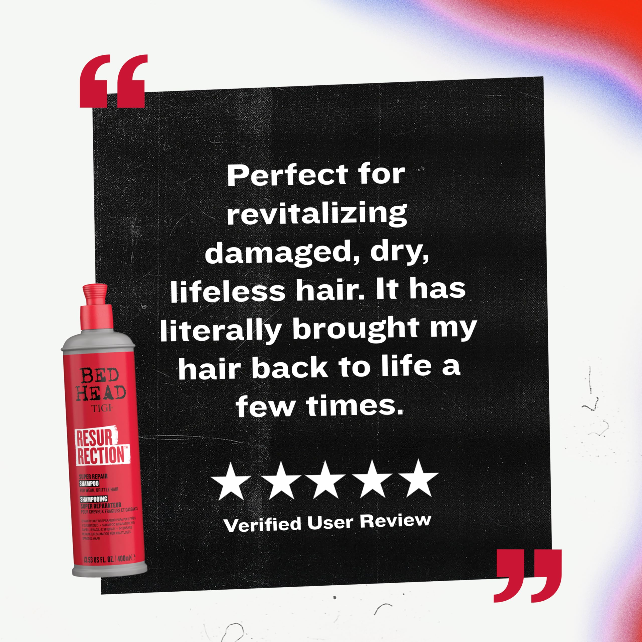TIGI Bed Head Resurrection Shampoo routine shot with conditioner, promoting complete repair.