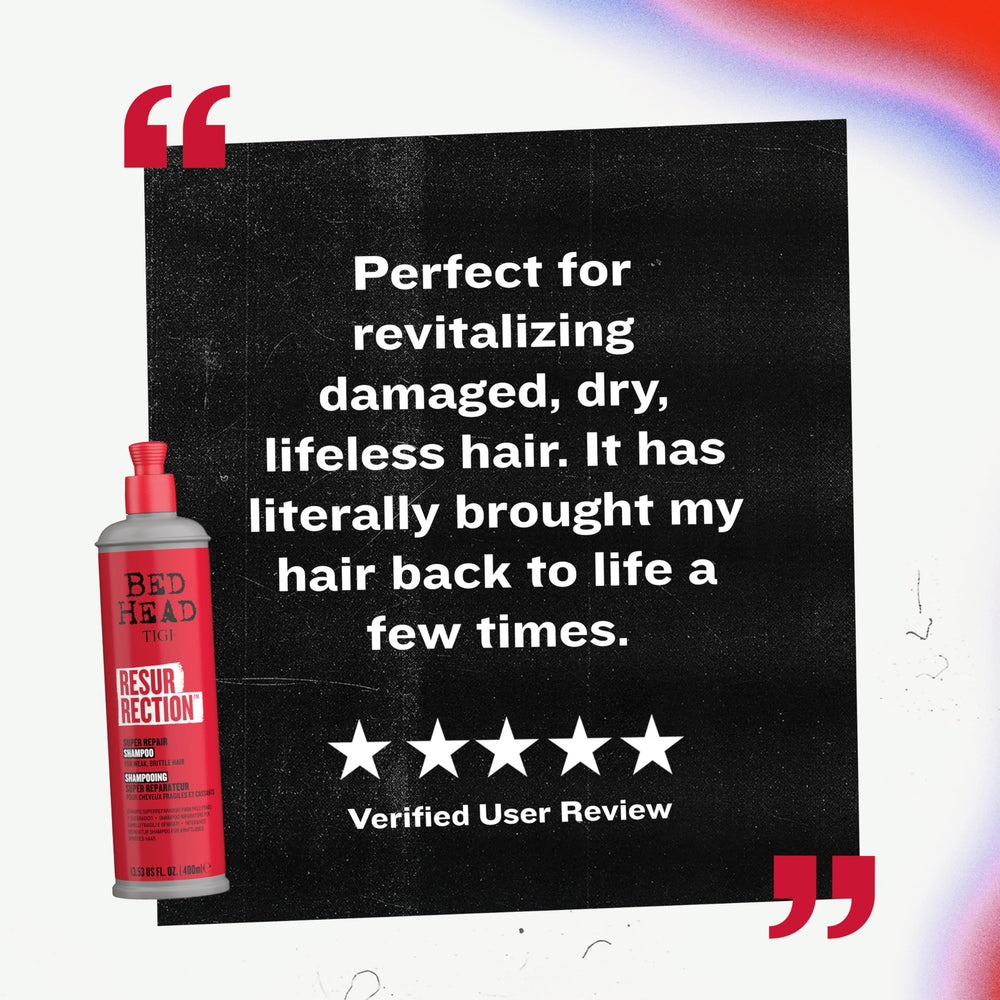 TIGI Bed Head Resurrection Shampoo routine shot with conditioner, promoting complete repair.