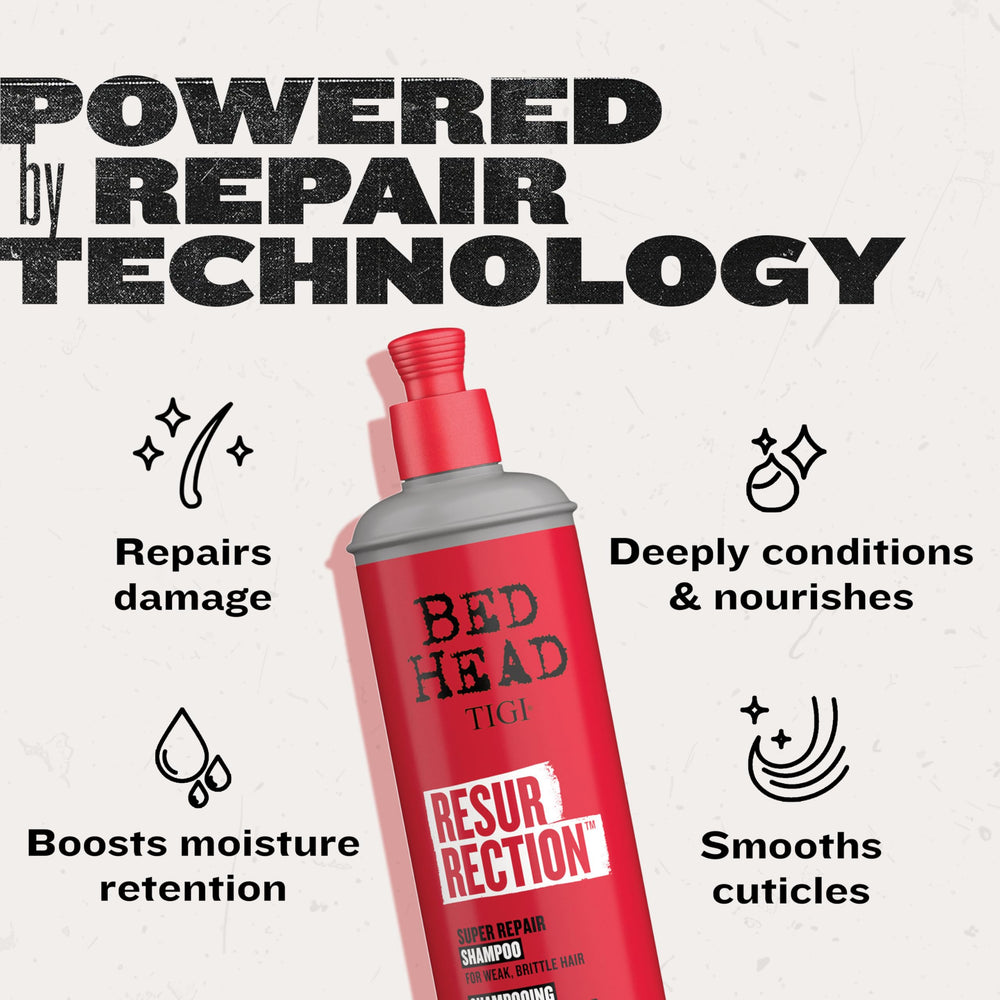 TIGI Bed Head Resurrection Shampoo damaged-hair ends image suggesting breakage reduction and repair.