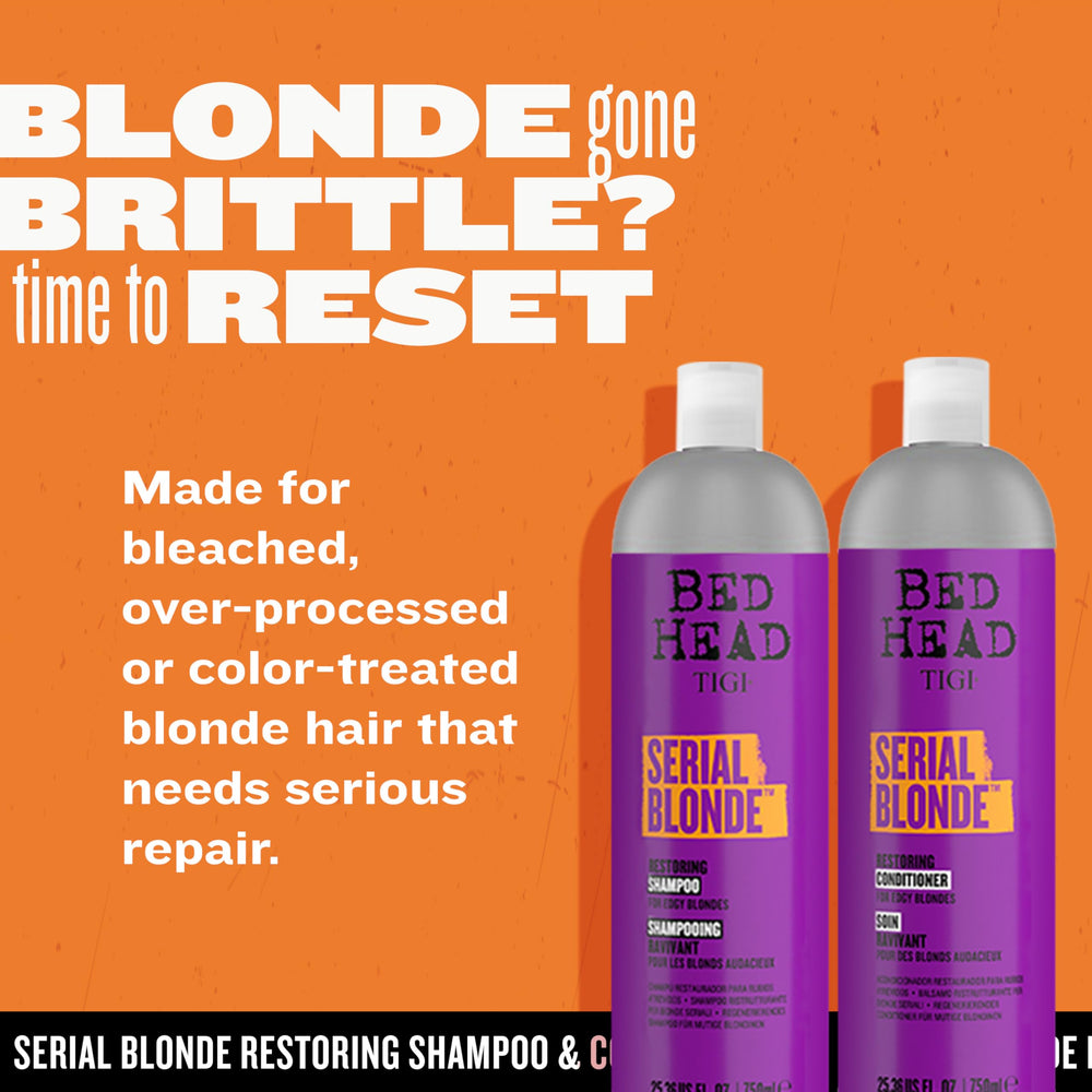 TIGI Bed Head Serial Blonde hydrolyzed keratin close-up highlights strand repair.