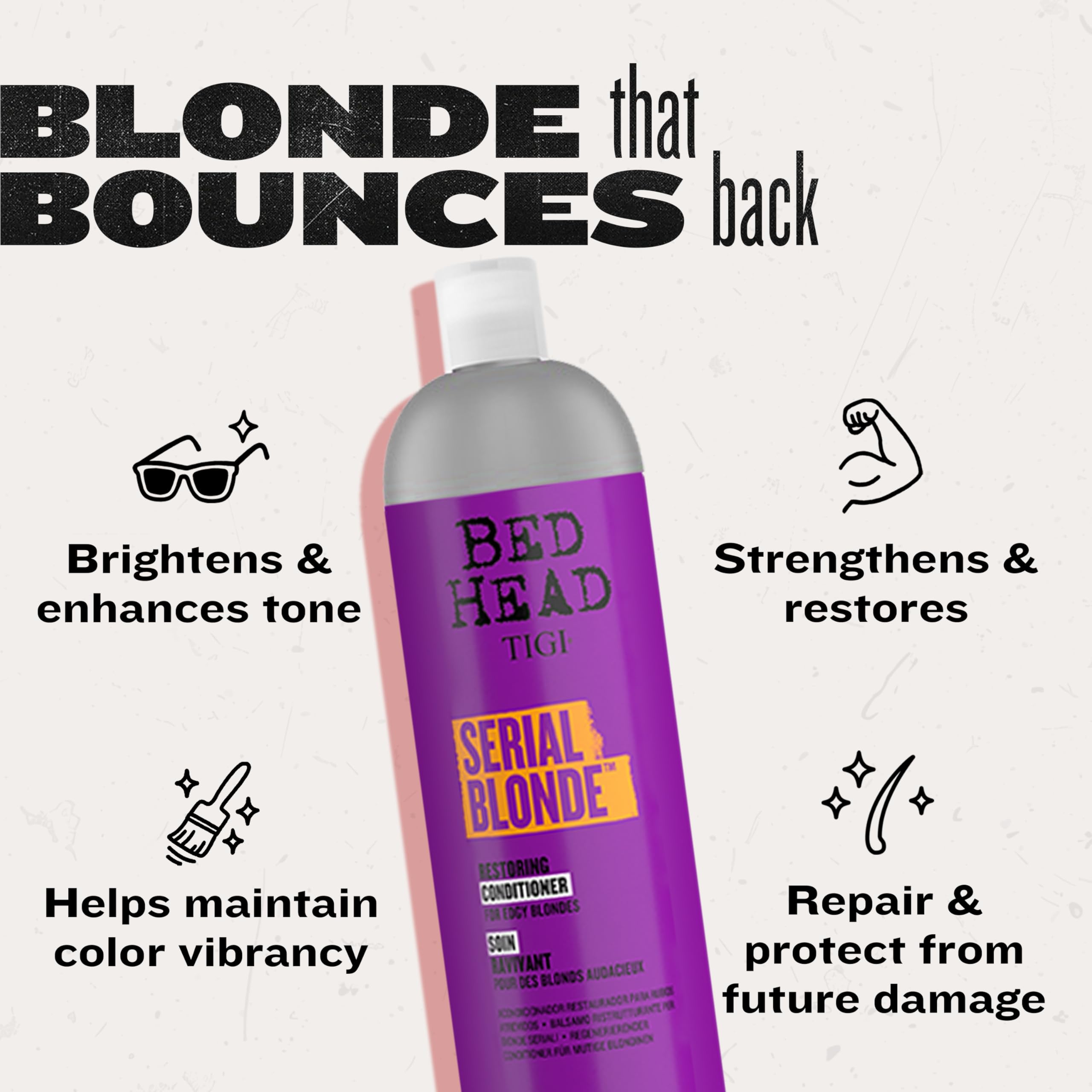 TIGI Bed Head Serial Blonde milk protein illustration suggests inner strength for blondes.