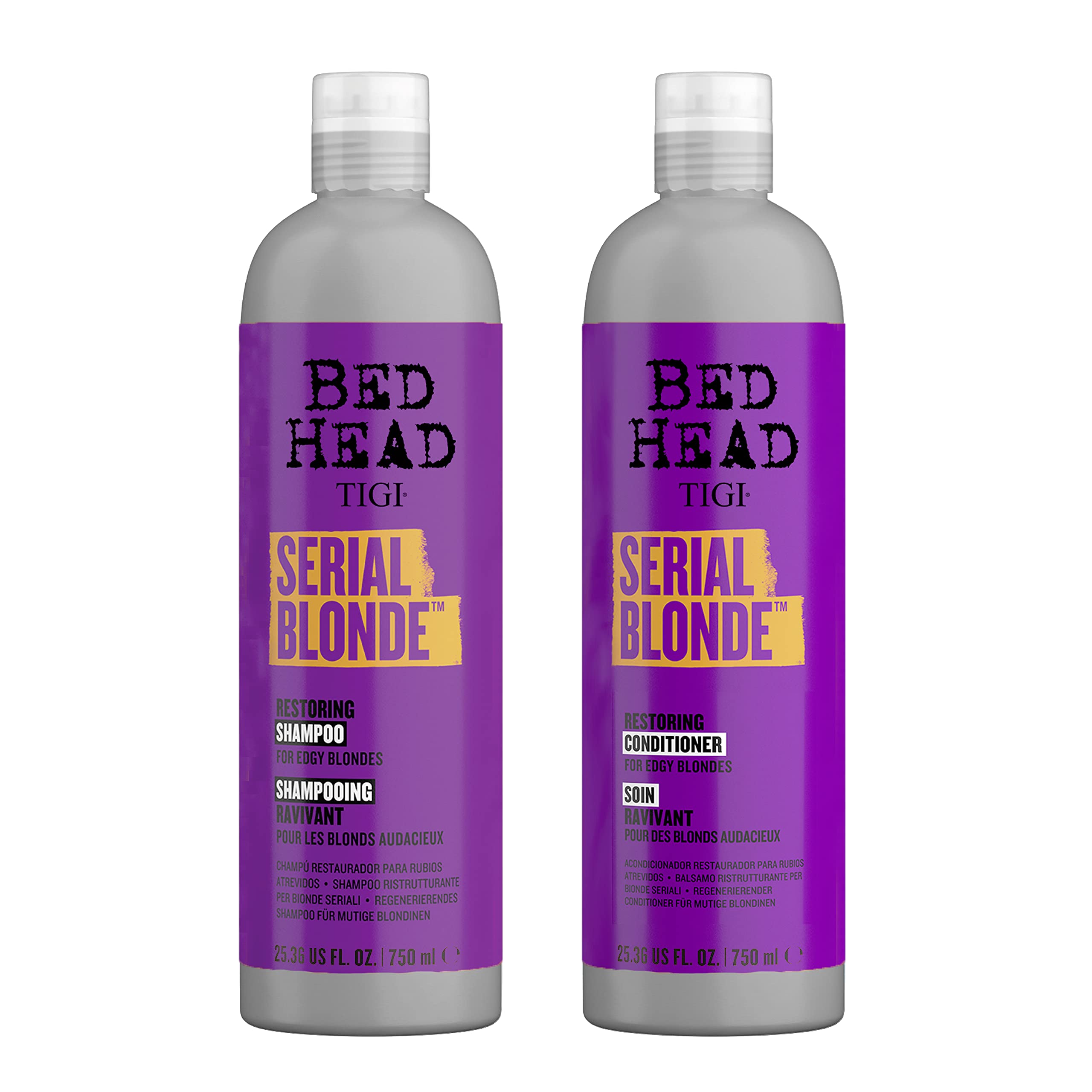 TIGI Bed Head Serial Blonde restoring shampoo bottle for color revival and strength.
