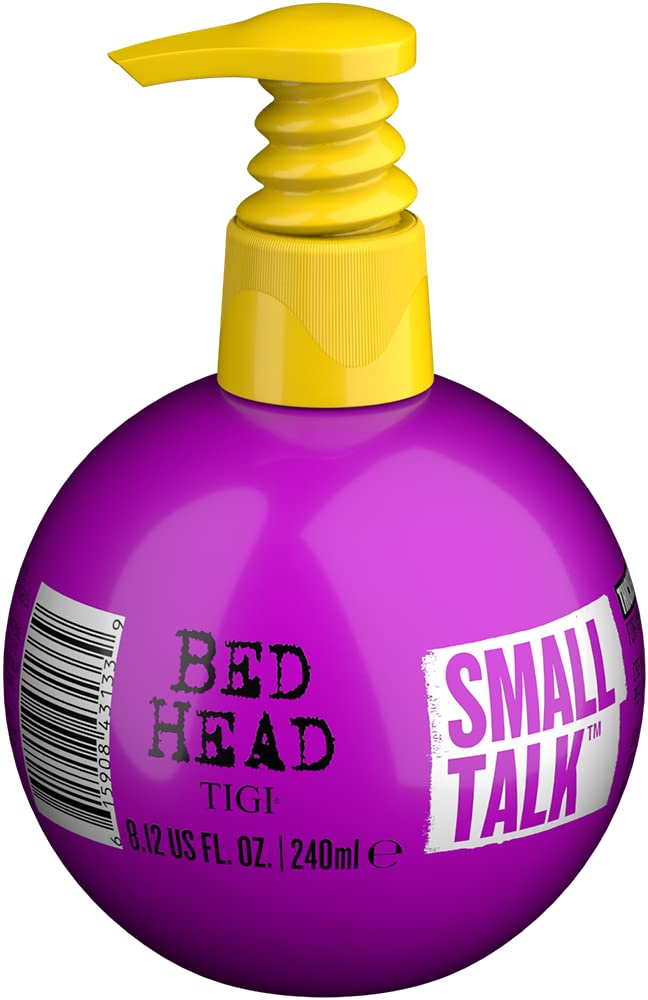 TIGI Bed Head Small Talk bottle close-up showing volumizing benefits