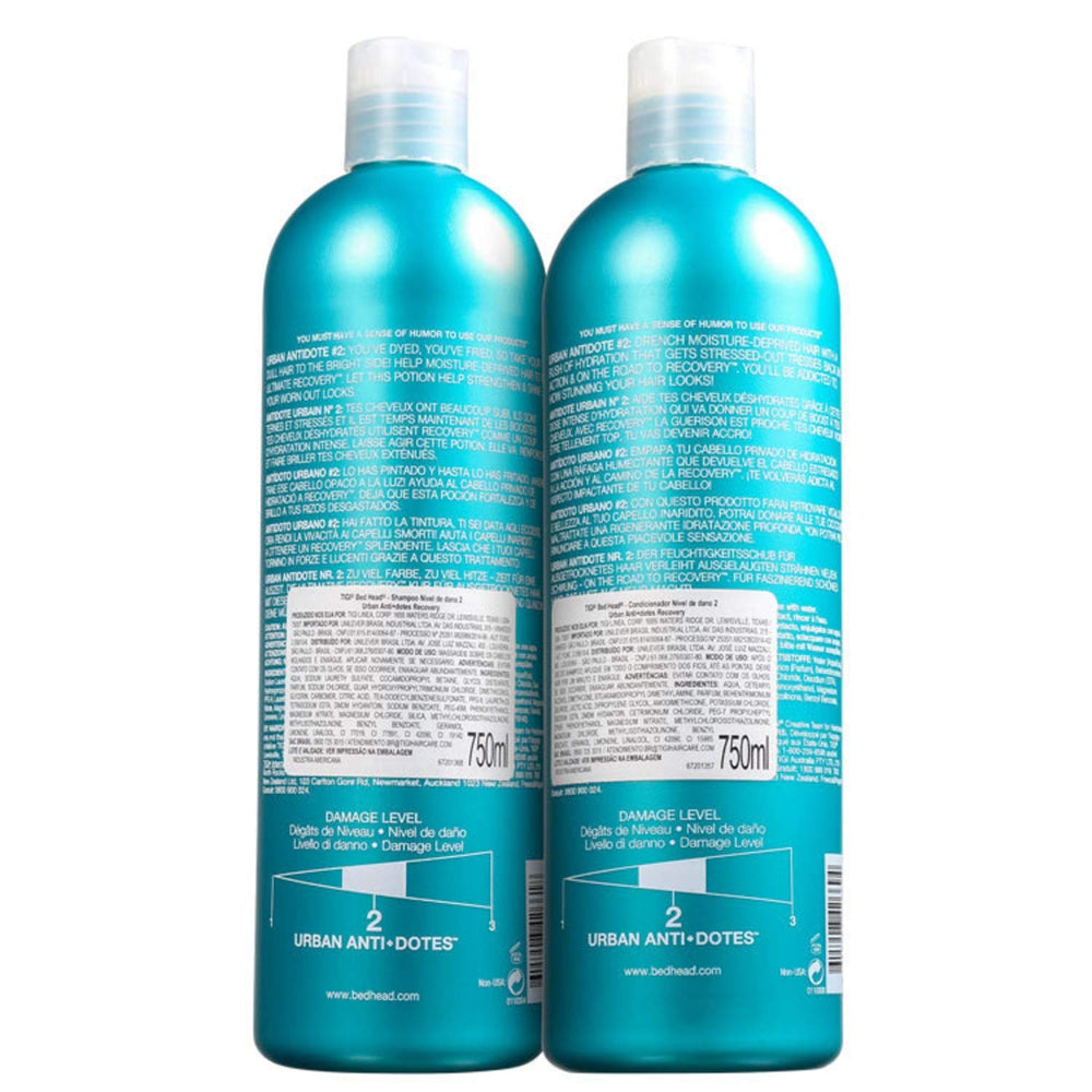TIGI Bed Head Urban Anti-dote Recovery Conditioner bottle pour demonstrates smoothing and moisture for dry hair