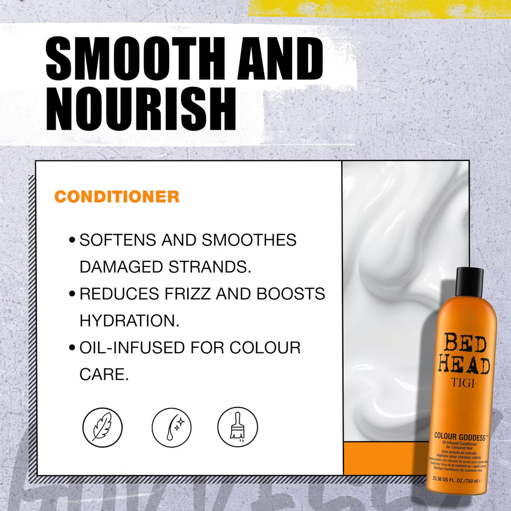 TIGI Colour Goddess shine shot illustrates salon-grade gloss on hair.