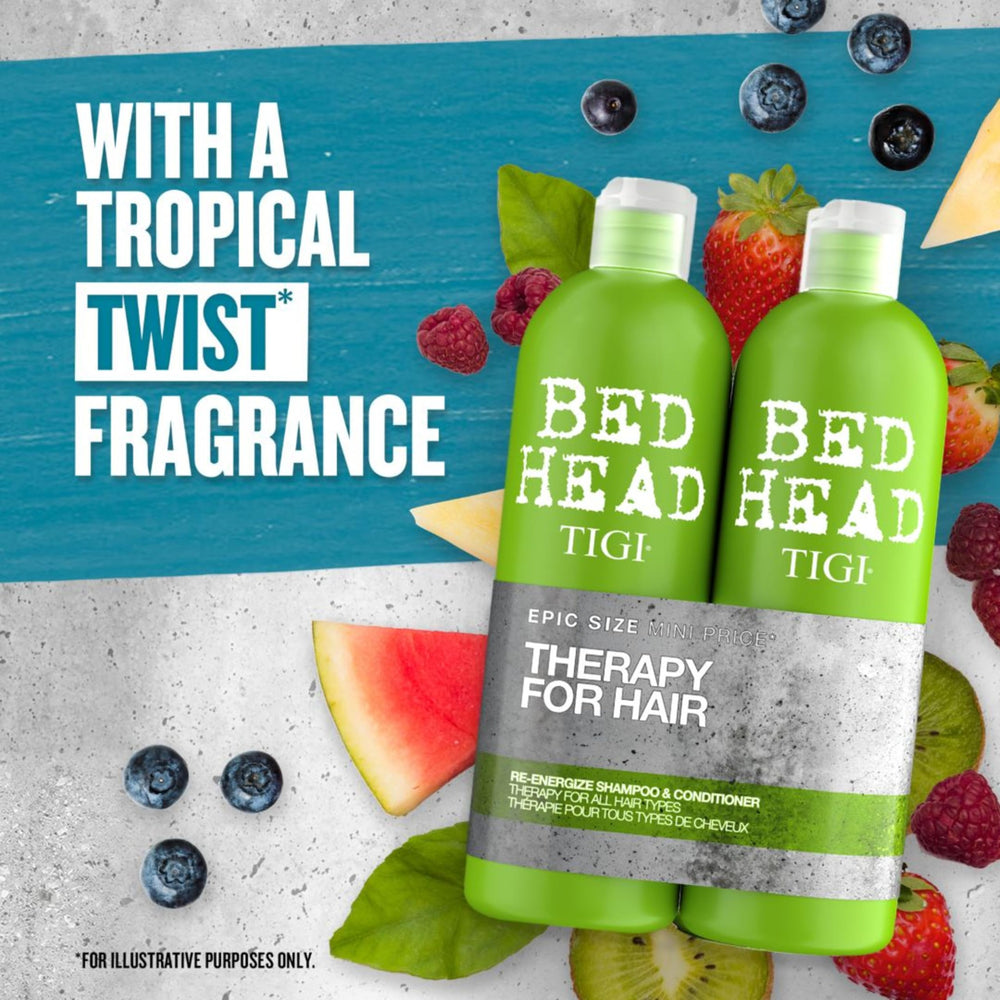 TIGI Bed Head Urban Antidotes Re-Energize bottle close-up emphasising colour-safe formula