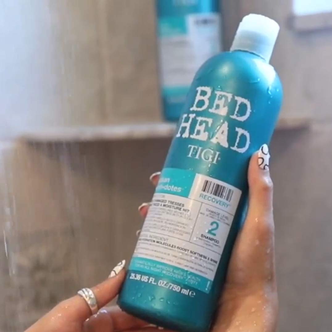 TIGI Bed Head Urban Anti+dotes Recovery Shampoo hair-shine scene shows revived hair.