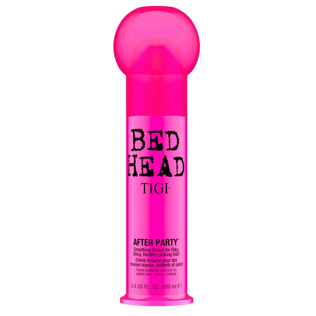 TIGI Bedhead After Party smoothing cream bottle delivers sleek, frizz-controlled finish.