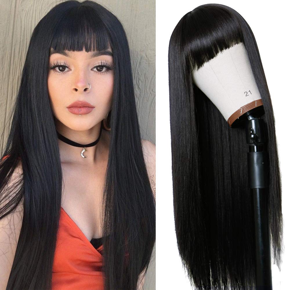 TIMANZO long straight wig with natural black bangs for daily looks