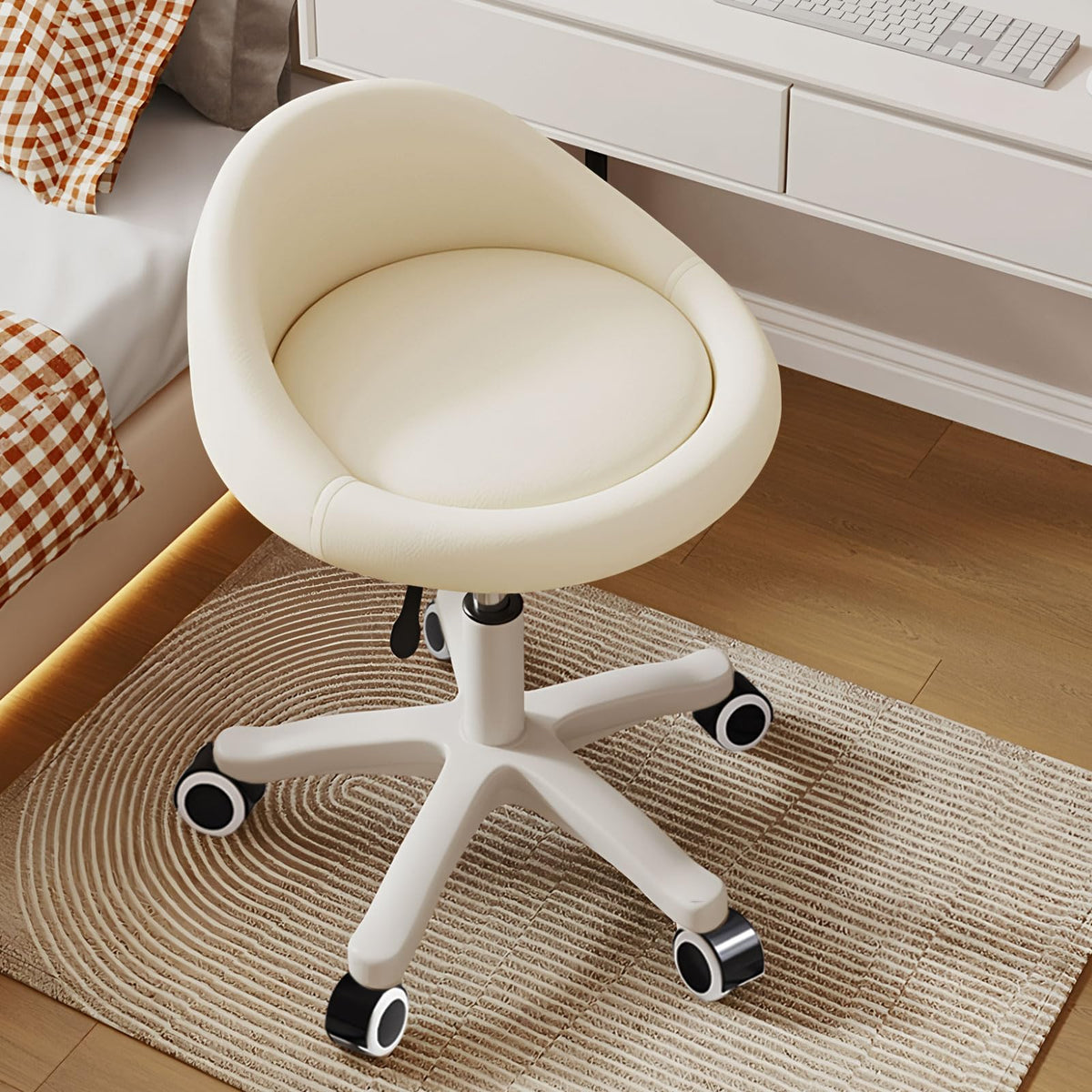 Timbertouch rolling stool front view beige with comfortable seating for busy spaces