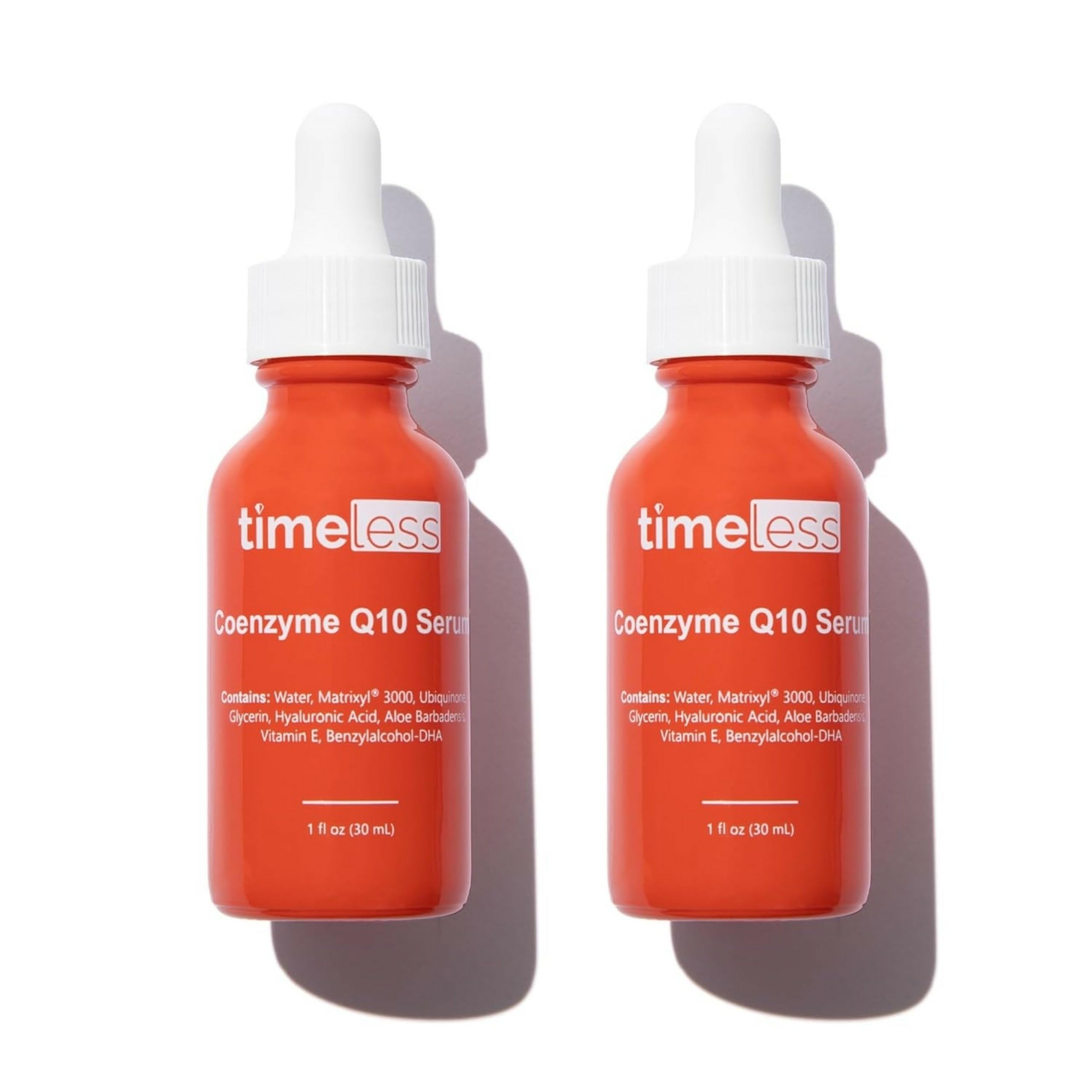 Timeless Skin Care Coenzyme Q10 Serum bottle front—fragrance-free daily smoothing.