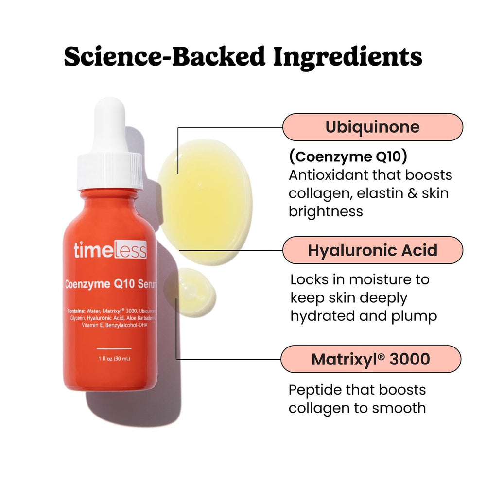 Timeless Skin Care Coenzyme Q10 Serum dropper-pump illustrating precise application and hydration.