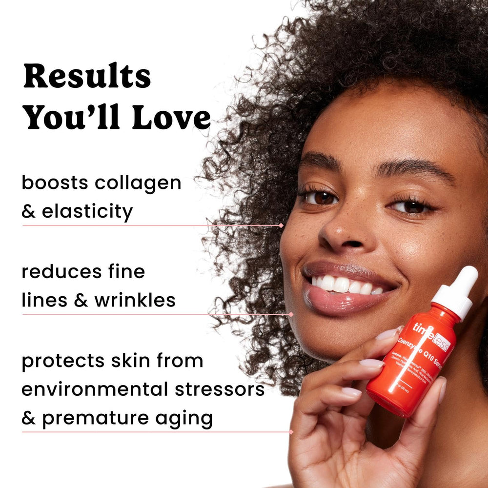 Timeless Skin Care Coenzyme Q10 Serum with hyaluronic acid emphasizes hydration.