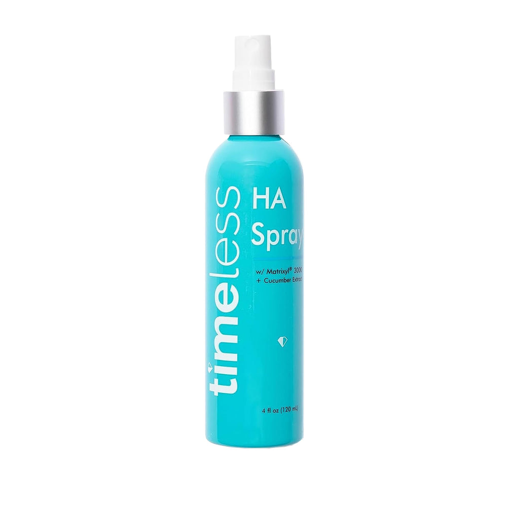 Timeless Skin Care HA Matrixyl cucumber spray bottle hydrates and soothes for refreshed skin.