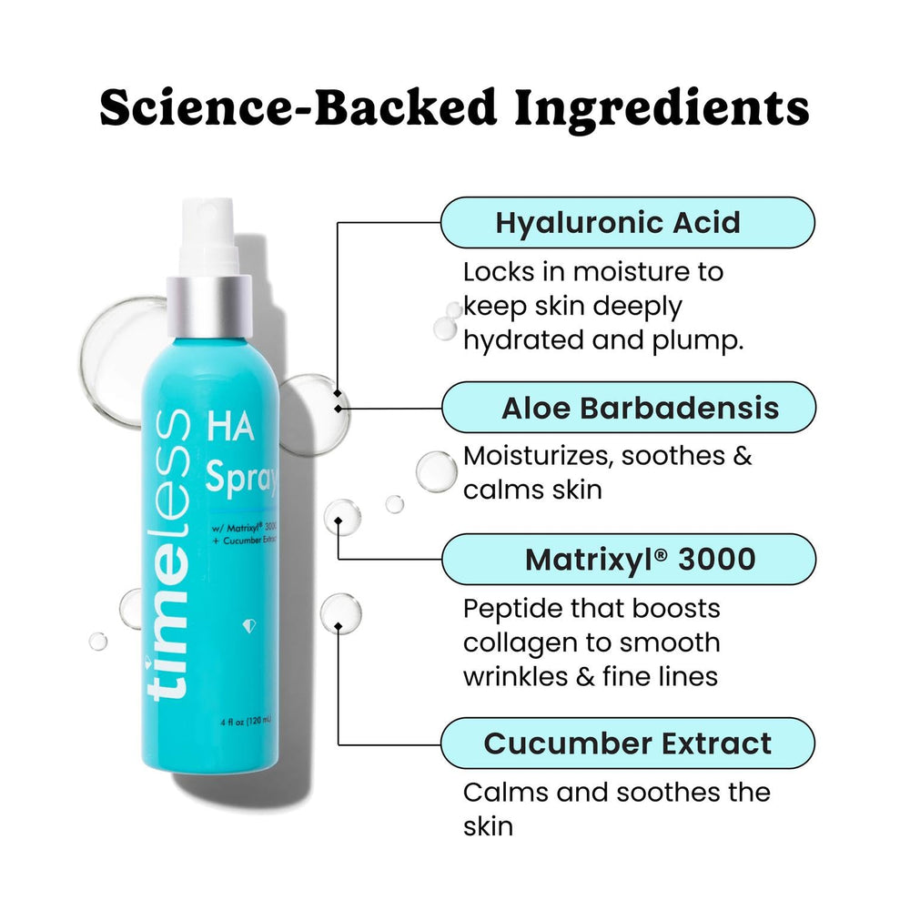 Timeless Skin Care HA Matrixyl cucumber spray mist dispense provides on the go hydration.