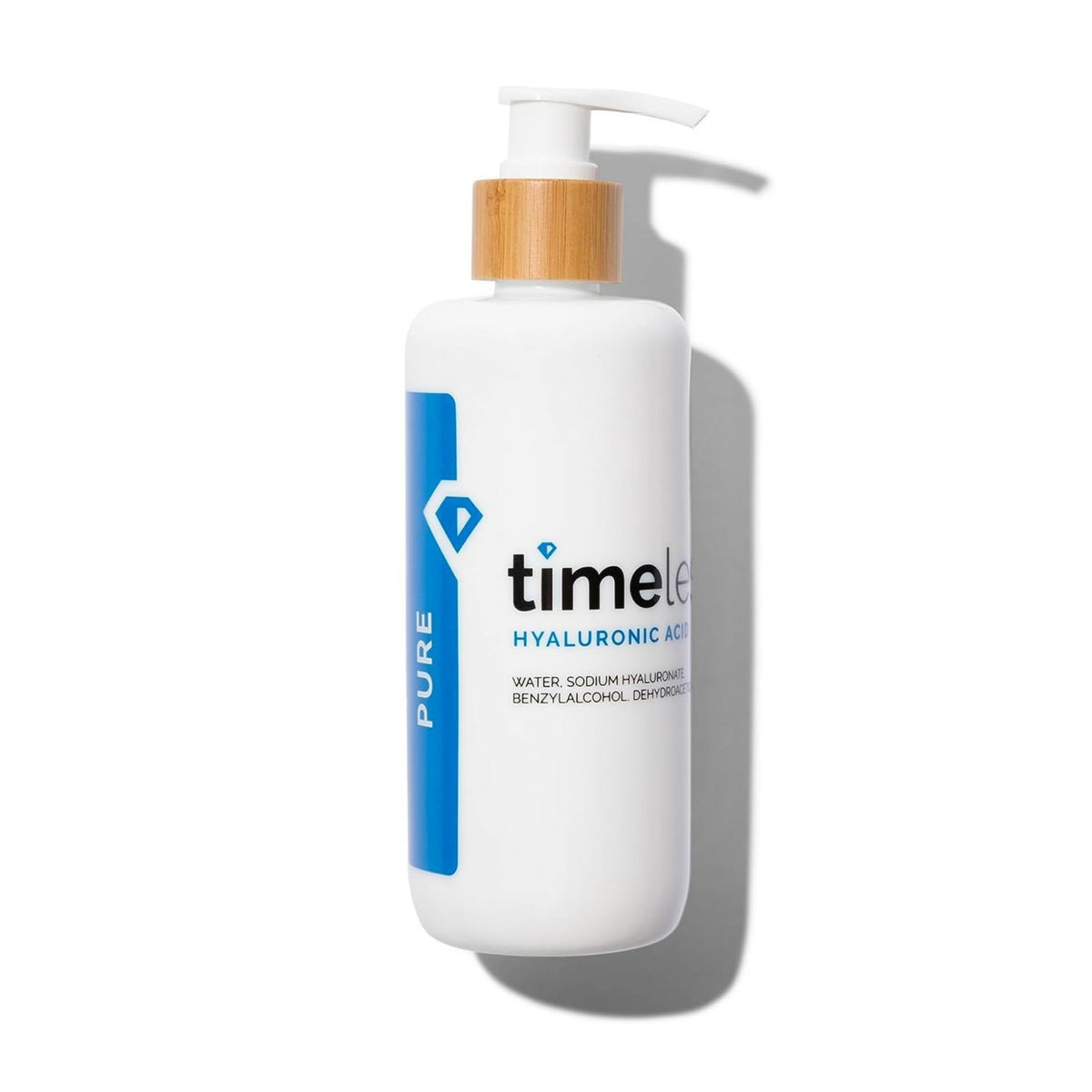 Timeless Skin Care Hyaluronic Acid serum bottle closeup highlights fragrance-free hydration.