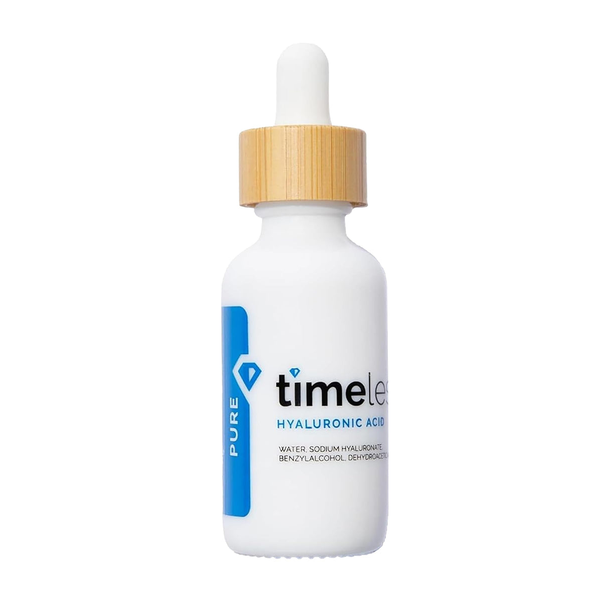 Timeless Skin Care hyaluronic acid serum bottle emphasizes deep hydration for daily use.