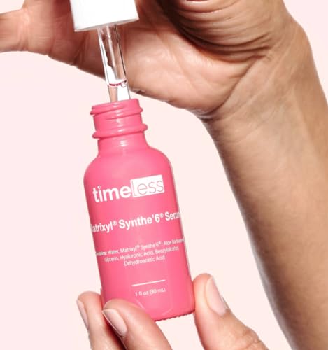 Timeless Skin Care Hyaluronic Acid serum drops illustrate hydration-ready texture
