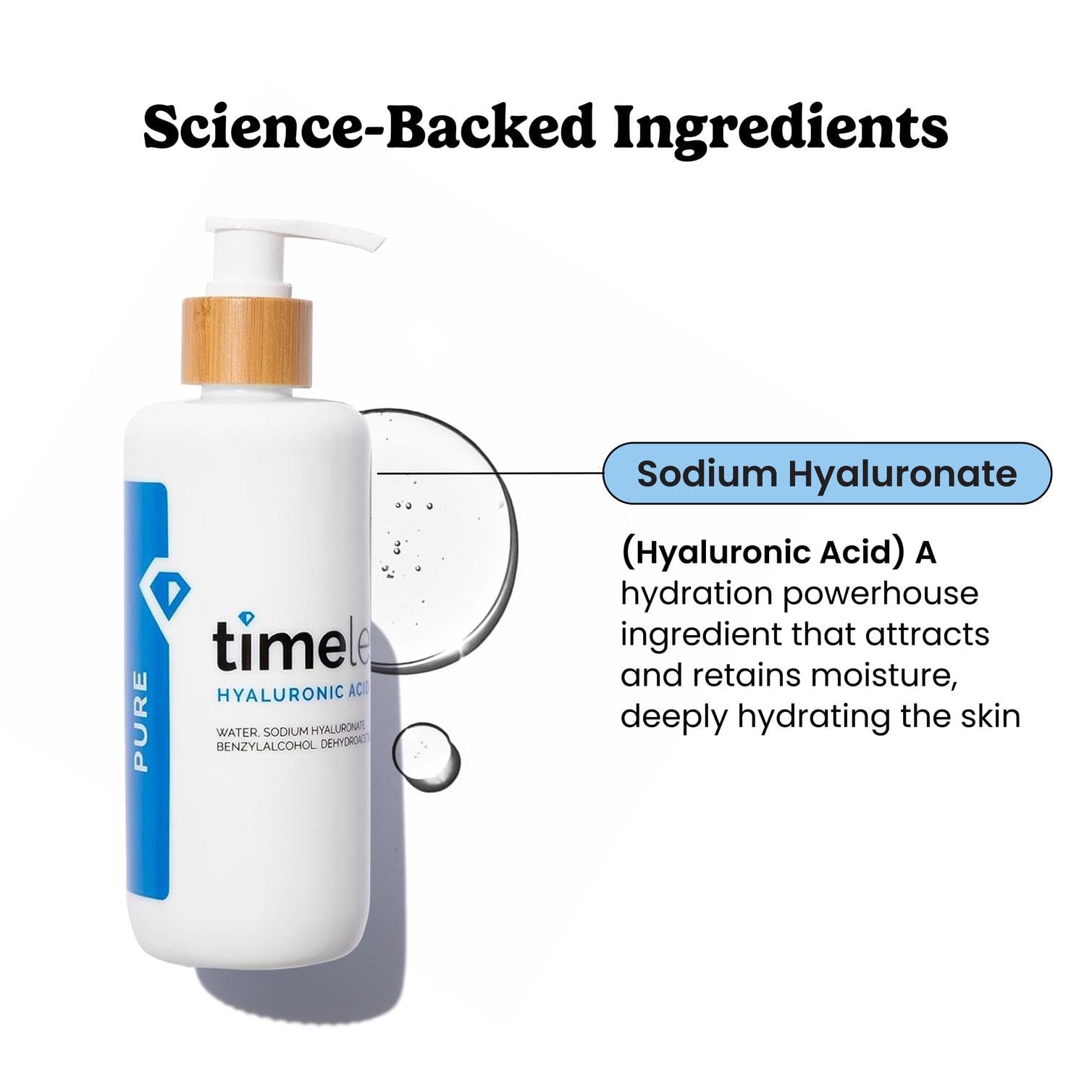 Timeless Skin Care Hyaluronic Acid serum pump demonstrates easy, even application.