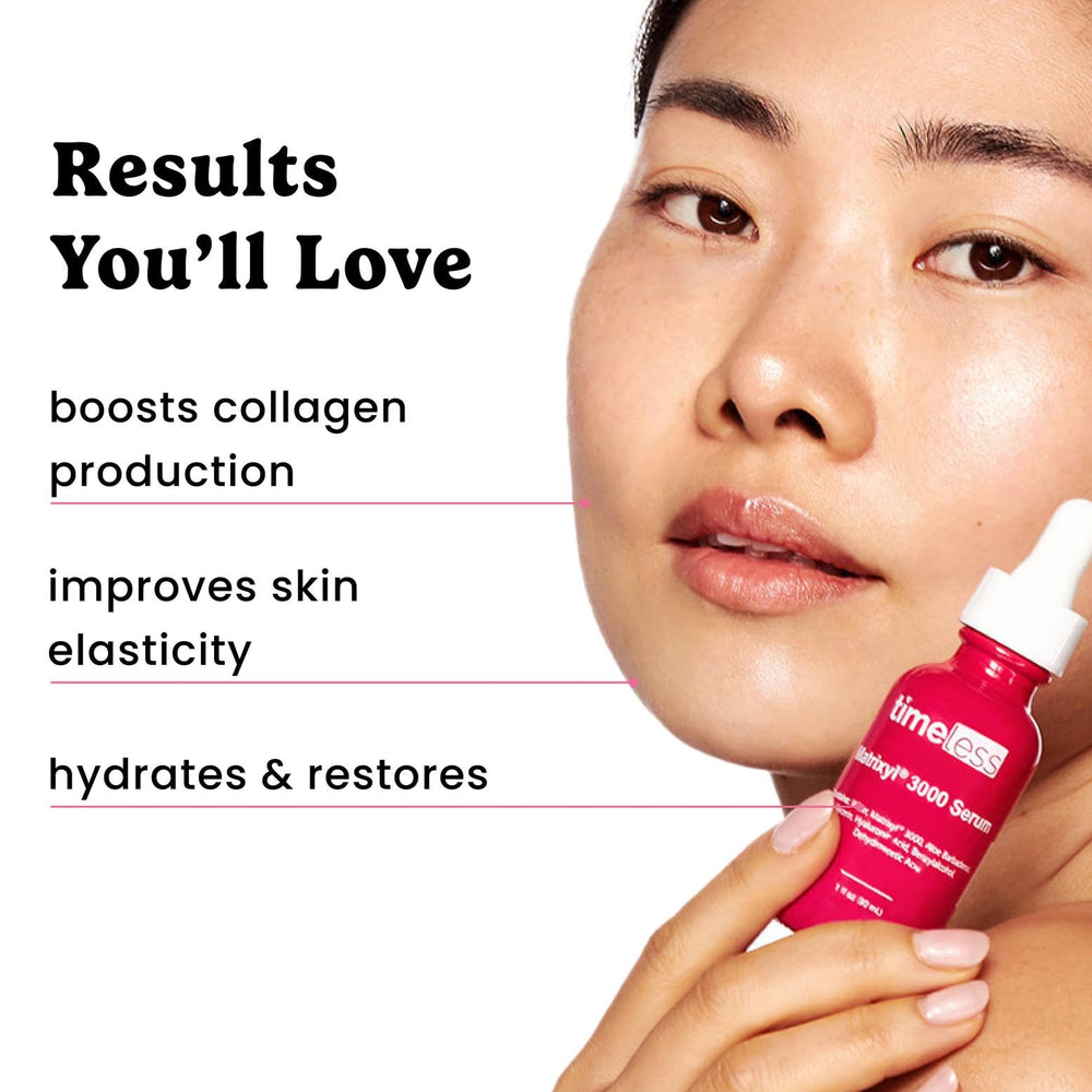 Timeless Skin Care Matrixyl 3000 Serum on vanity suggests routine hydration
